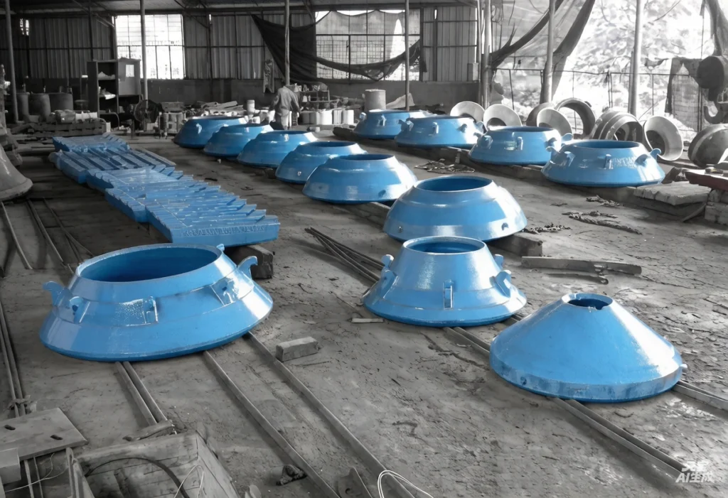 Multiple cone crusher mantles and bowl liners finished and staged for shipment, batch production capability