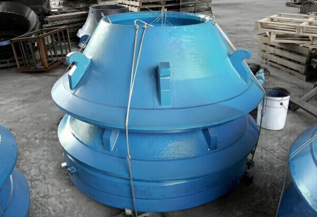 Large manganese steel cone crusher mantle with lifting wire rigging attached, finished condition, ready for shipment