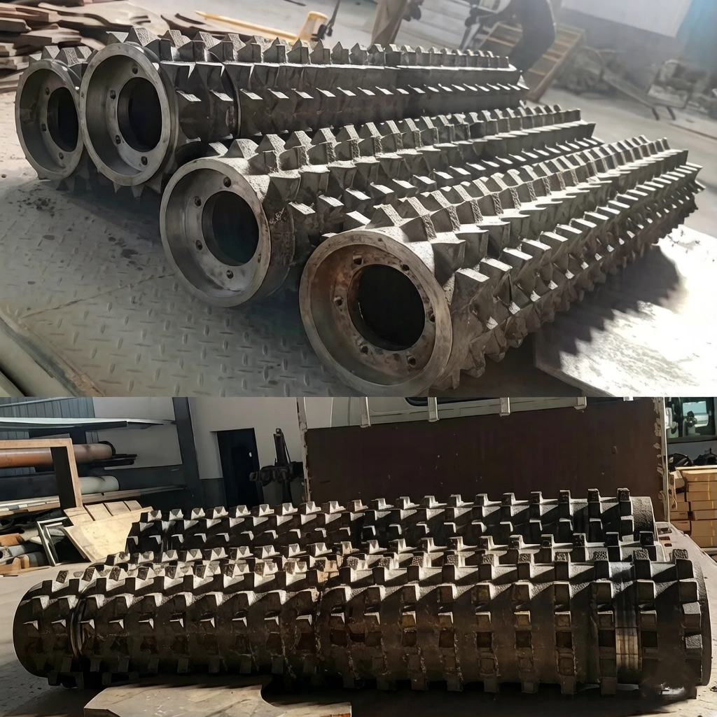 Toothed crusher rollers for coal and mineral processing, batch production showing pyramid tooth profile and end flange detail